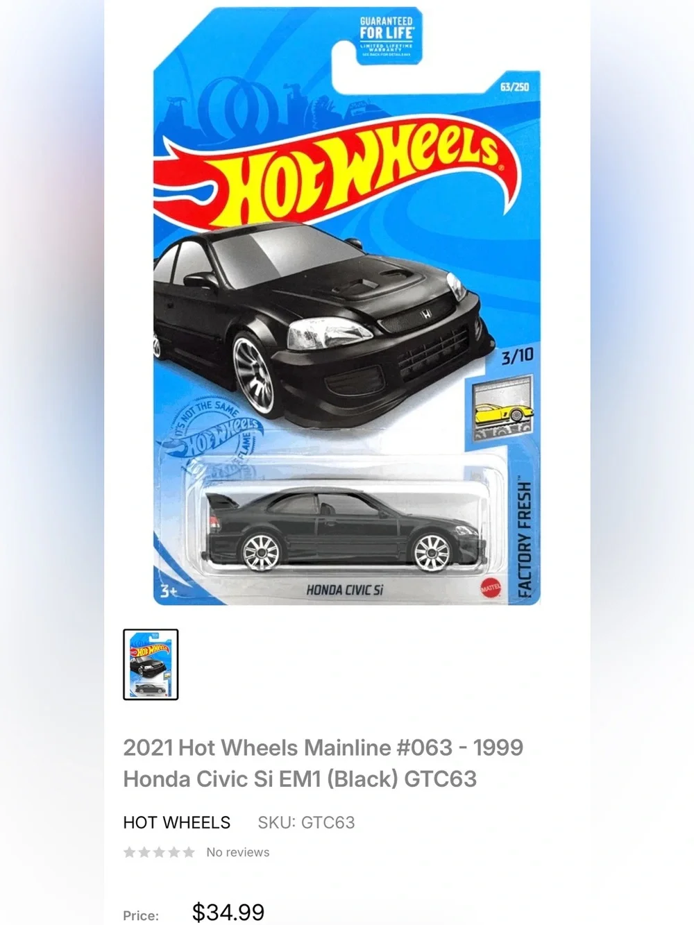 Hot Wheels Honda Civic Si Diecast Vehicle 63/250